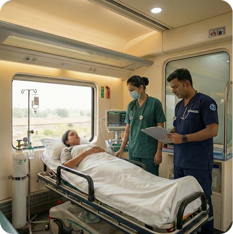 Medical team assisting patient in train ambulance