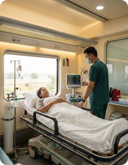 Train ambulance interior with patient care support